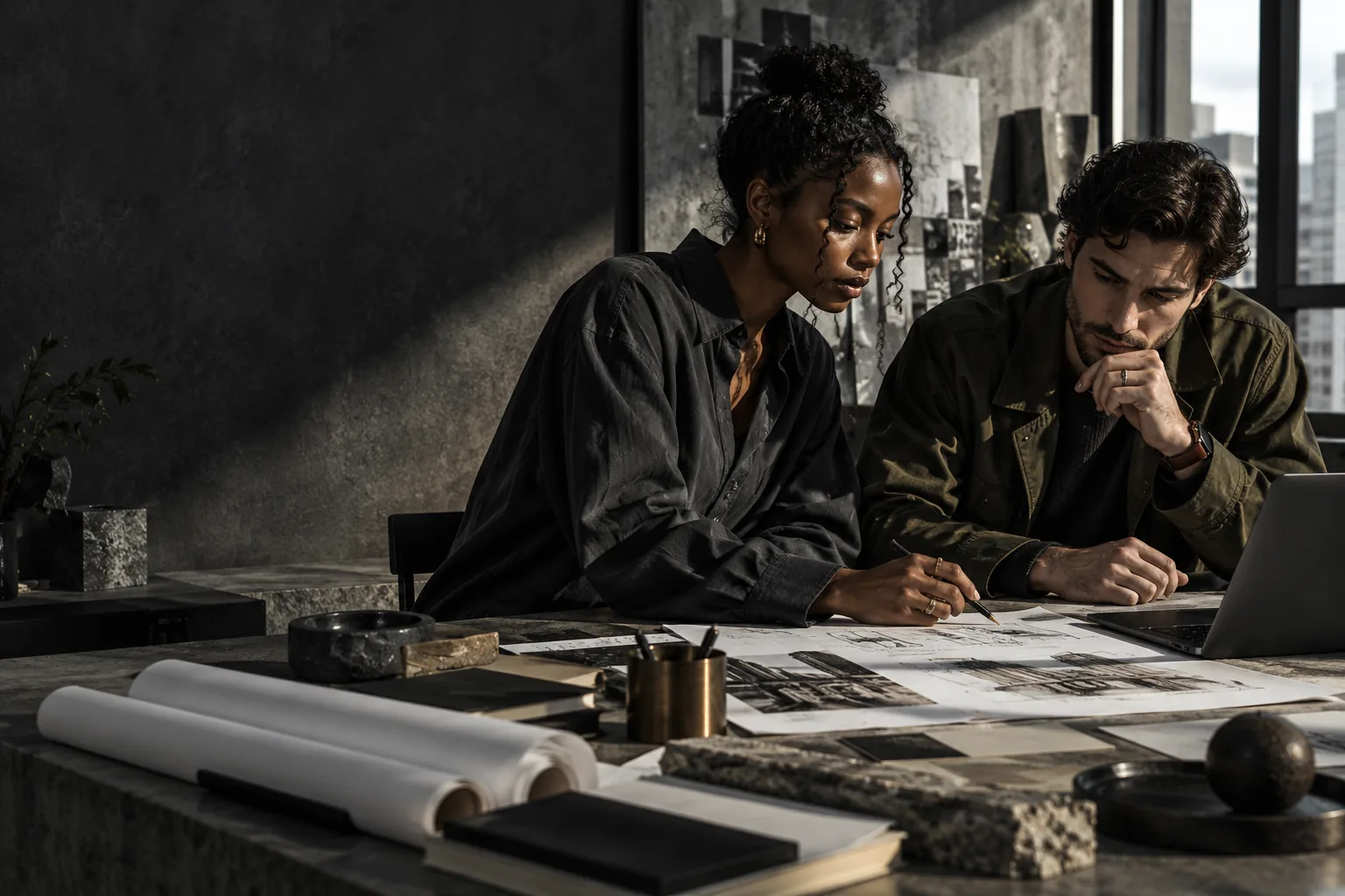 Duas pessoas alinhando desenhos e um projeto em um estúdio urbano